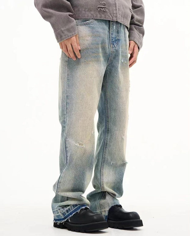 Loose Straight Leisure Washed-out Worn Jeans Men