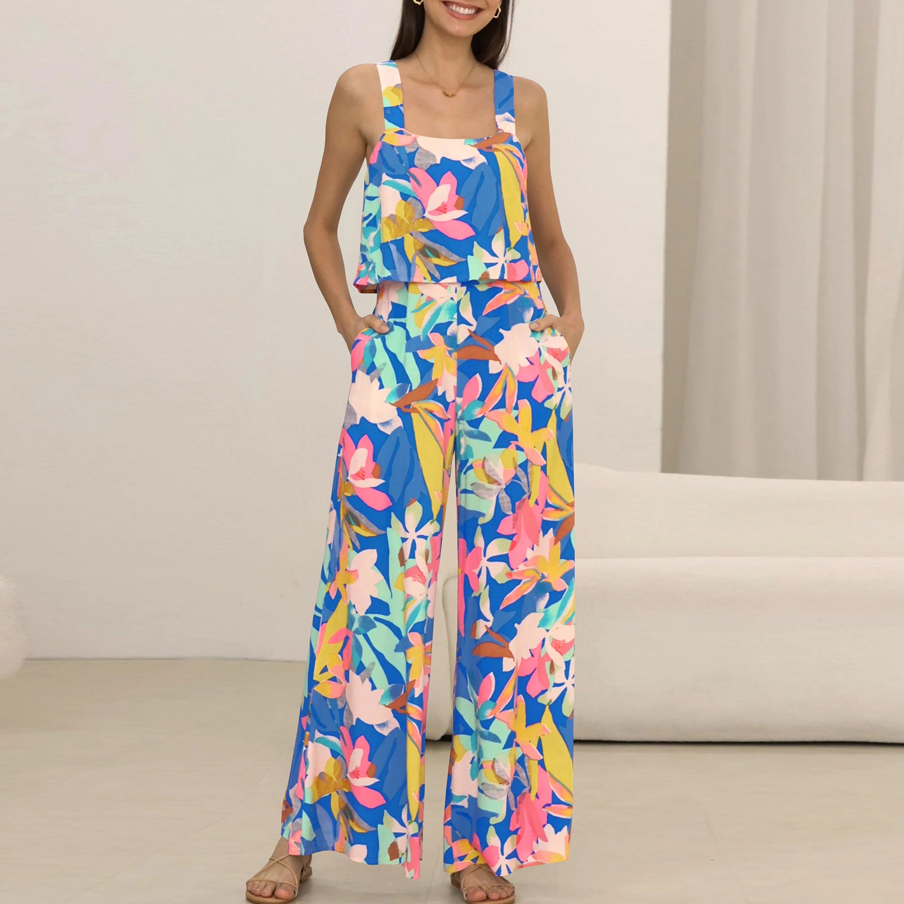 Chic Paisley Print Wide Leg Jumpsuit with Suspender Top Set - Women&