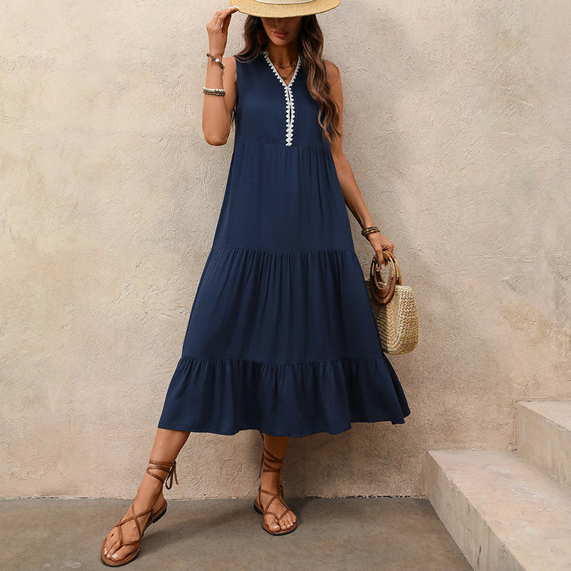 Color-Block V-Neck Maxi Dress With Ruffled Hem