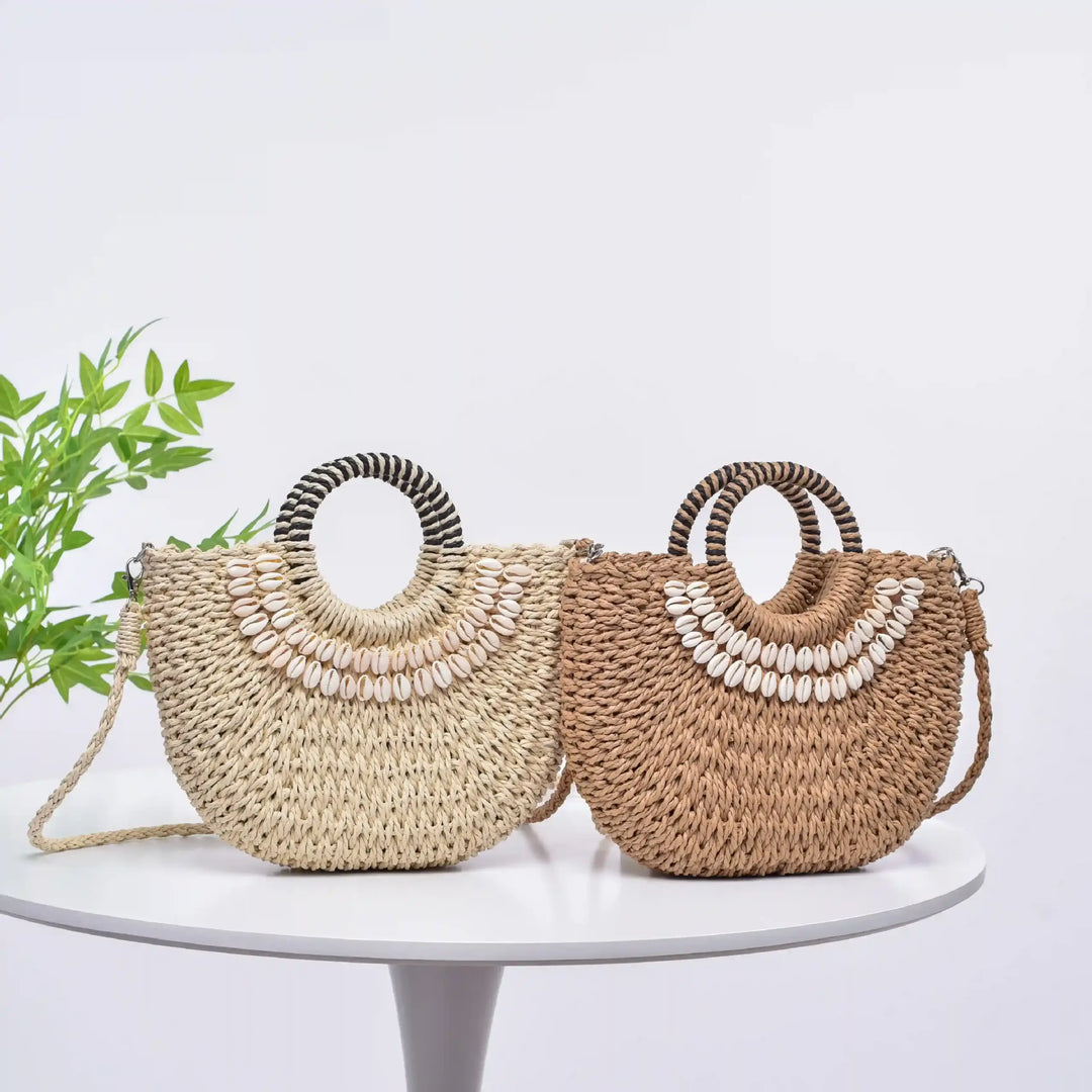 Handmade Straw Woven Seashell Beach Resort Crossbody Handbag