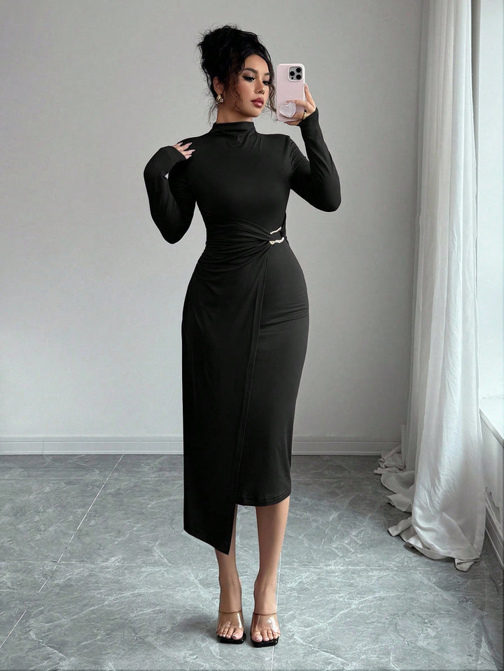 Small Stand-up Collar Knit Solid-color Dress With Metal Buttons