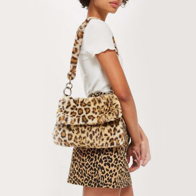 Leopard Print Faux Fur Crossbody Bag for Women