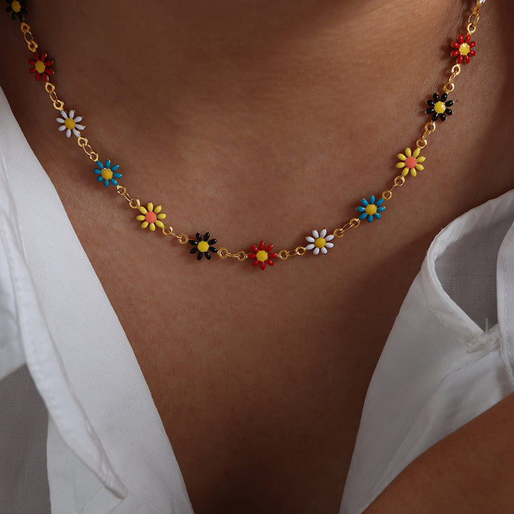 Bohemian Flower Stainless Steel Jewelry Set - Colorful Necklace and Bracelet Combo for Women