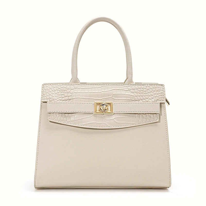 Crocodile Pattern Cowhide Square Handbag - Off White