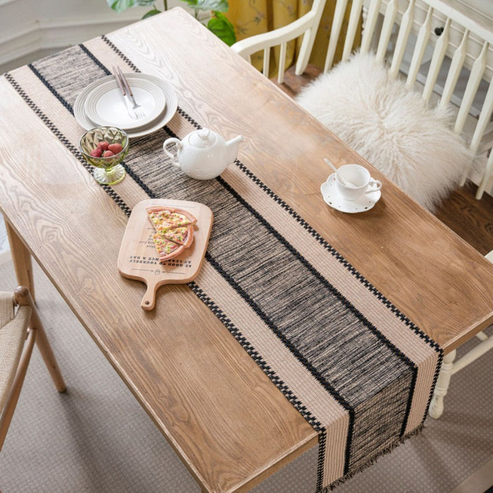 Woven Cotton-Linen Table Runner with Color Contrast Stitching and Tassels