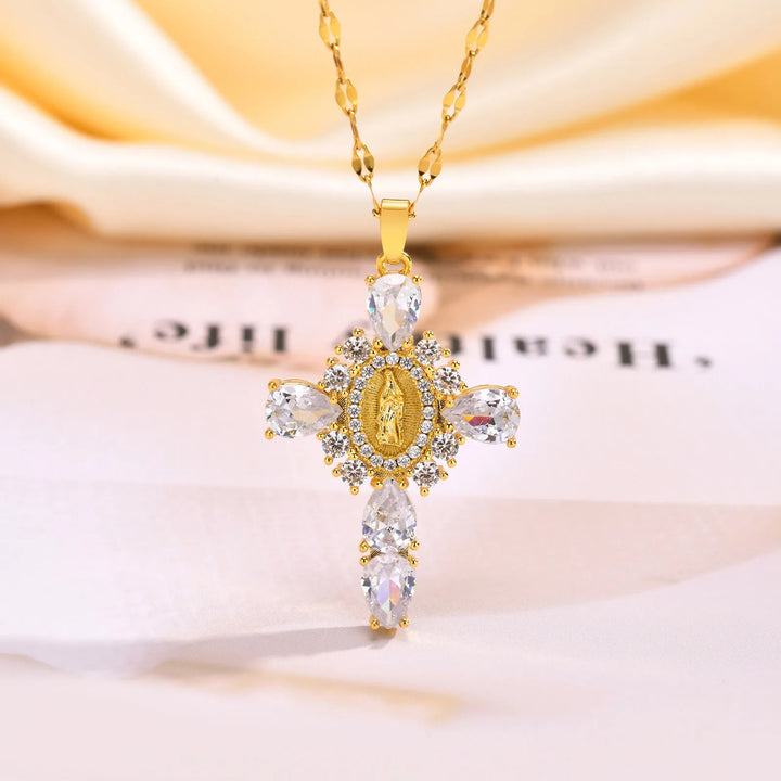 Luxury Rhinestone Virgin Mary Cross Pendant Necklace