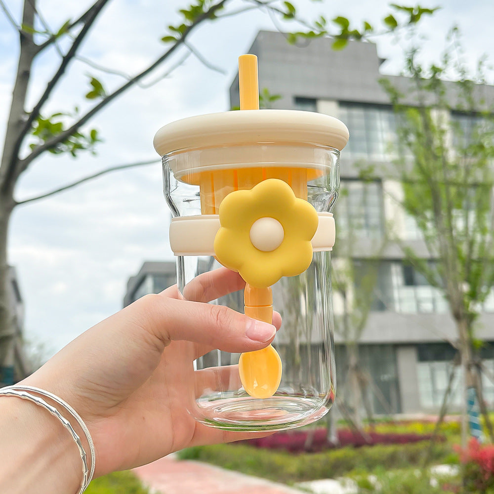 Flower Glass Cup with Lid, Straw, and Infuser