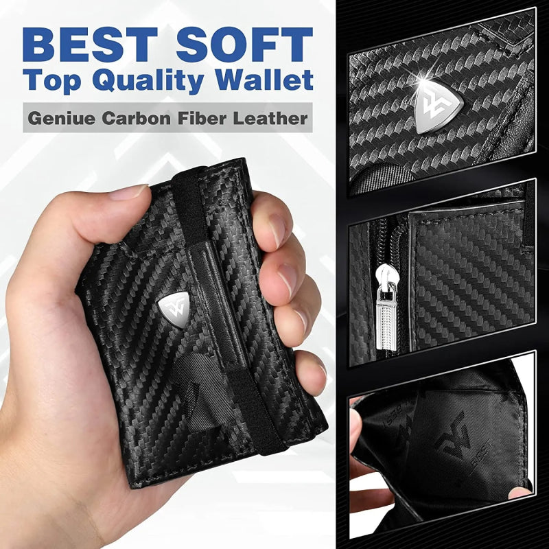 Slim Carbon Leather Wallet RFID Blocking Card Holder with Coin Compartment