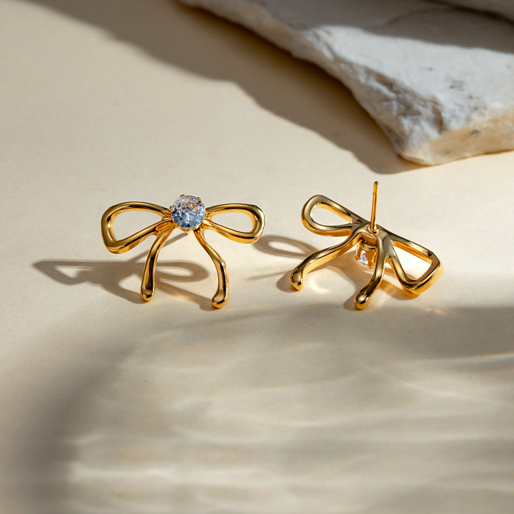 18K Gold Plated Bowknot Earrings with White Zircons