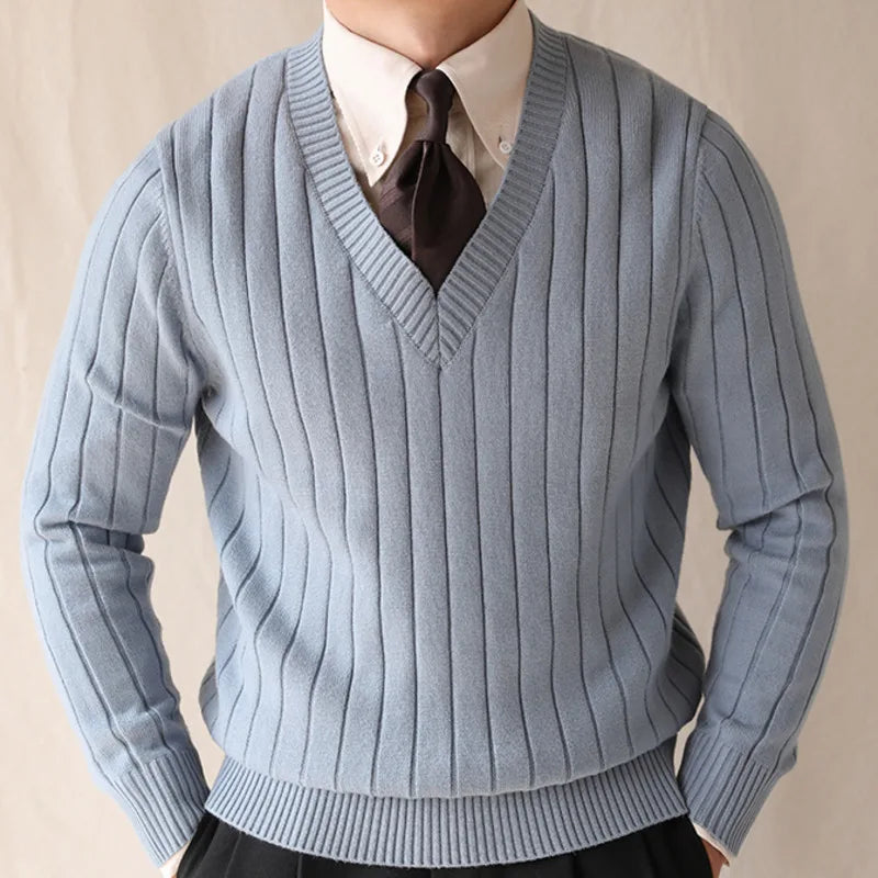 Men’s Winter Striped V-Neck Knit Sweater – Slim Fit Warm Pullover