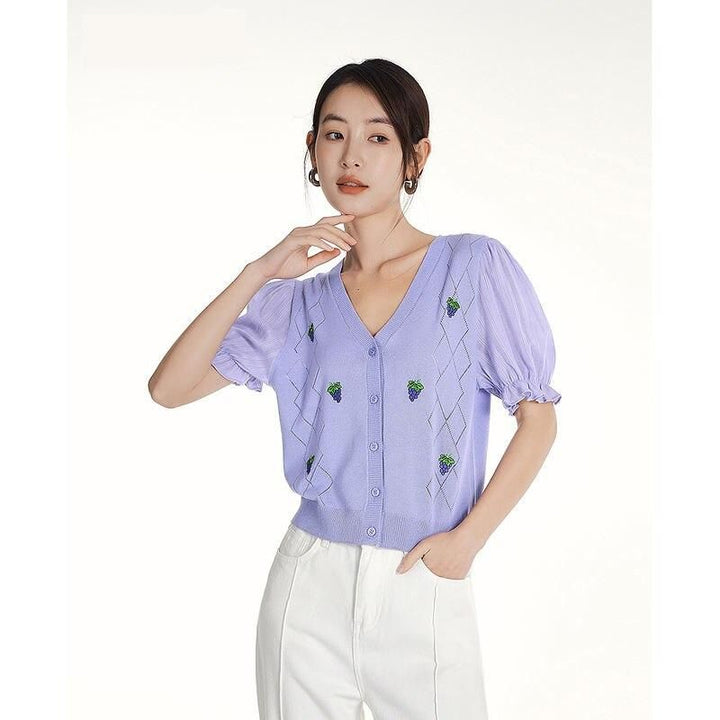 Summer Puff Sleeve V-Neck Knit T-Shirt with Grape Embroidery