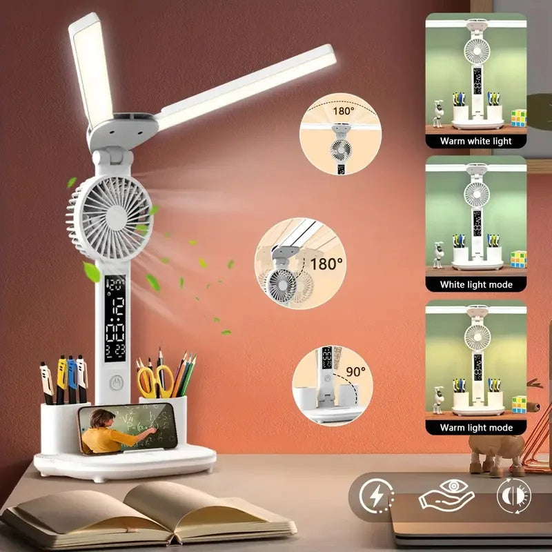 Foldable LED Desk Lamp with Fan, Calendar and Holder