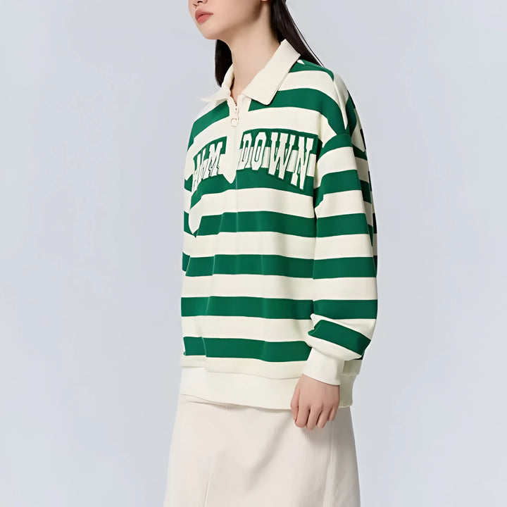 Oversized Waffle Texture Striped Polo Collar Sweatshirt