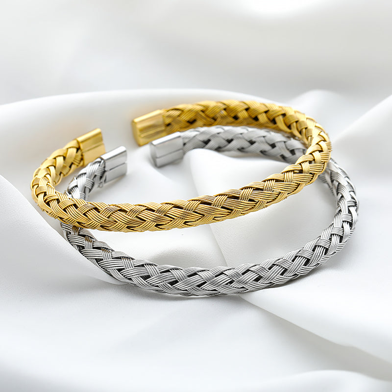 Stainless Steel Gold Woven Charm Bracelet