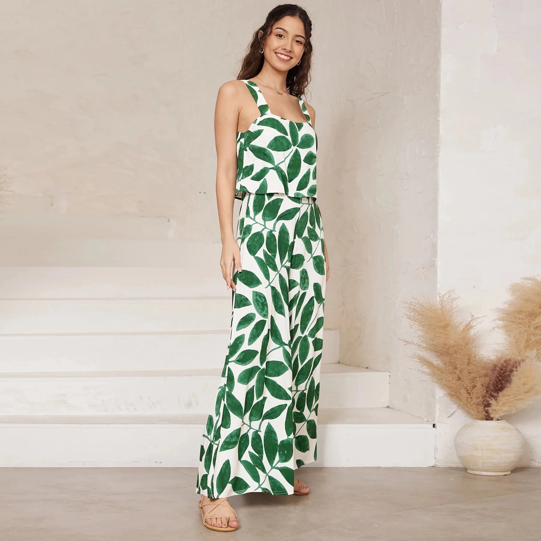 Chic Paisley Print Wide Leg Jumpsuit with Suspender Top Set - Women&