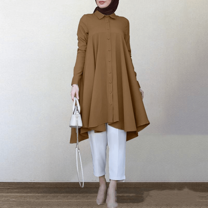 Women's Solid Color Long-Sleeved Shirt with Lapel Hem for a Chic Look - Trendha