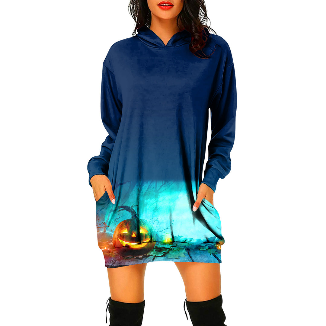 Halloween Theme Women's Pullover Hooded Sweater Dress