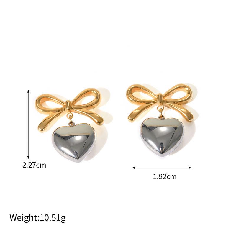 Smooth 18K Gold PVD Plated Bow Shaped Heart Pendant Earrings