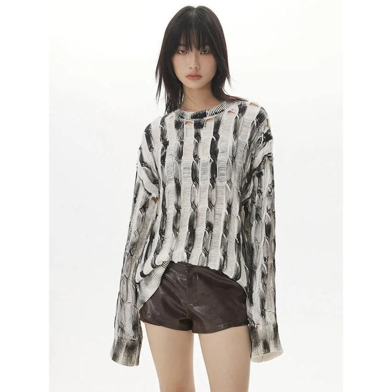 Women's Striped Knit Pullover with Hollow Accents