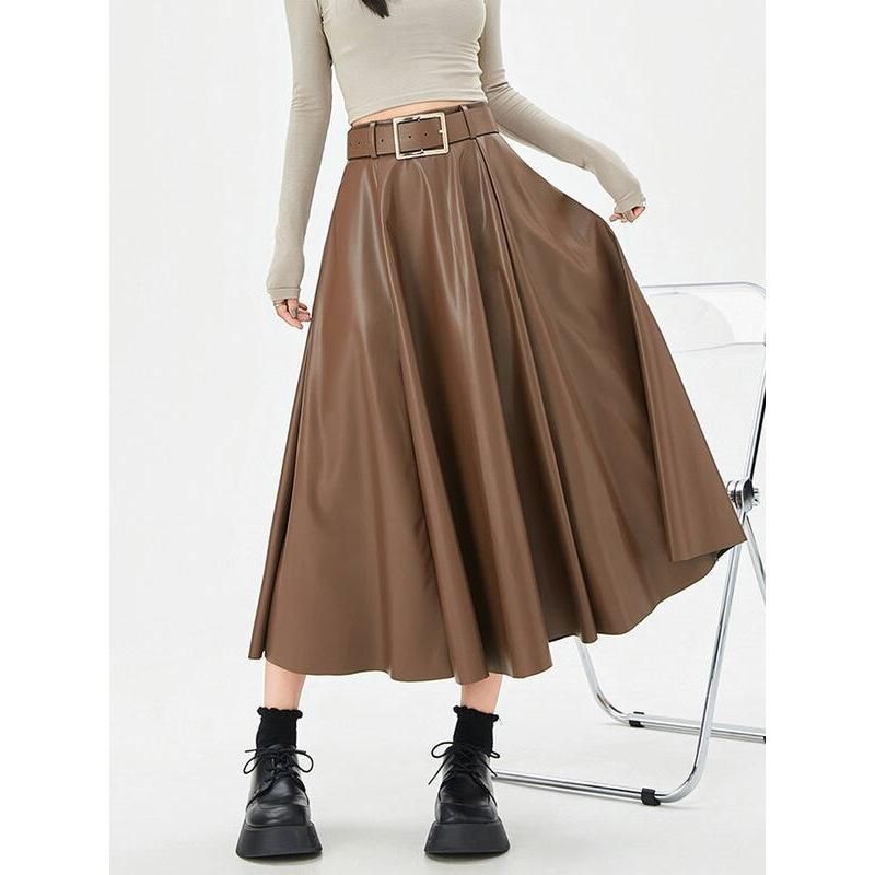 Elegant High-Waist Faux Leather Skirt with Belt