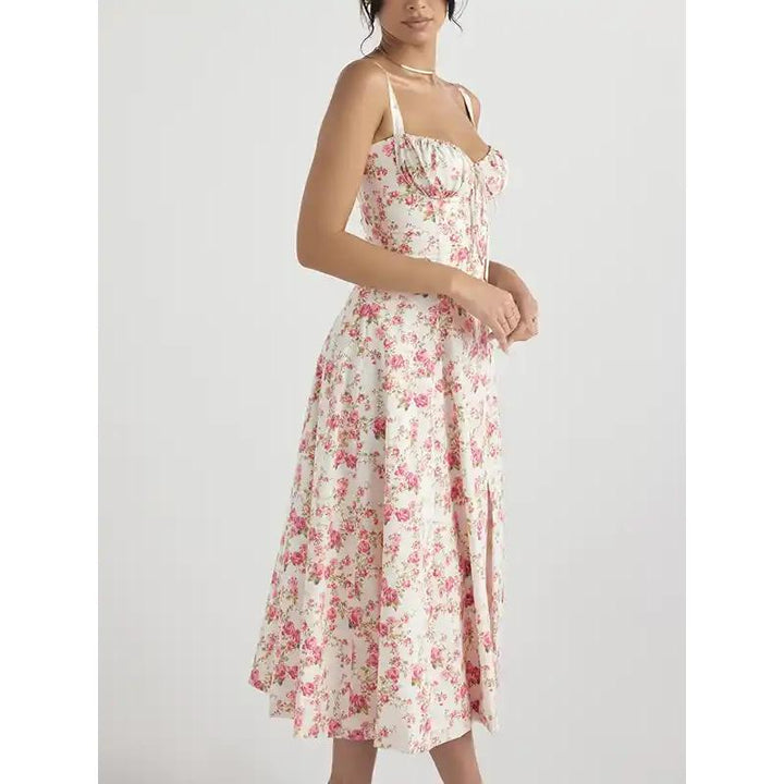 Floral Print Camisole Midi Dress with Lace-Up Detail