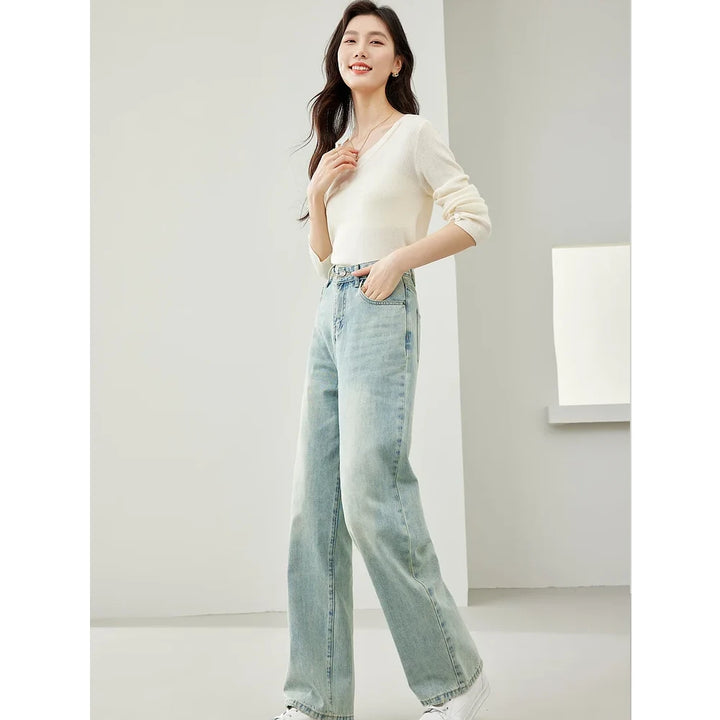 High Waist Wide Leg Denim Pants for Women - Retro Light Blue Casual Trousers