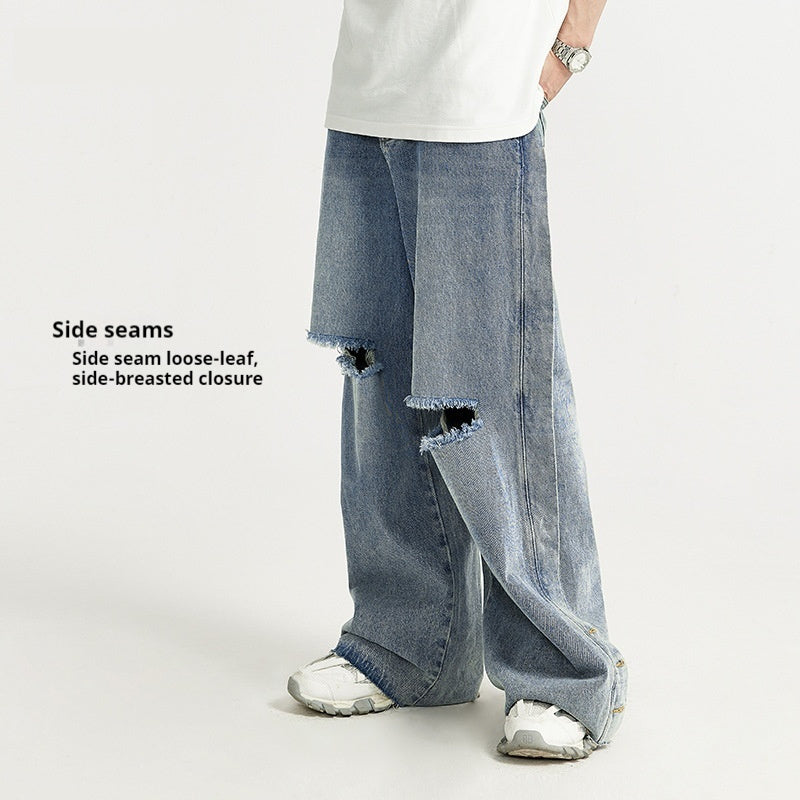 Retro Style Personality Men's Wear Ripped Washed Wide-leg Jeans