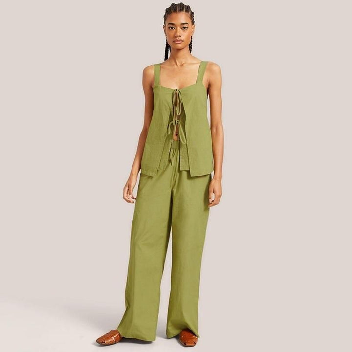 Women's Cotton Two-Piece Sleeveless Top and Long Pants Casual Suit