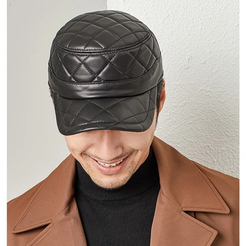 First Layer Sheepskin Hat Men's Rhombus Dome Peaked Cap