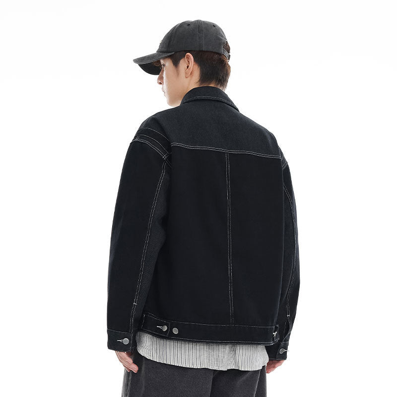 Color Stitching Turnover Neck Denim Coat Men And Women Cityboy Loose Workwear Casual Jacket