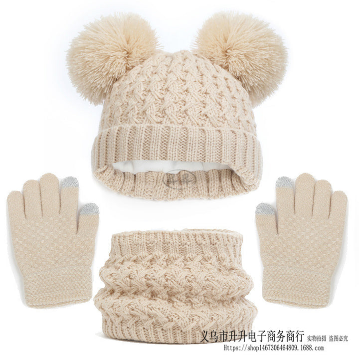 Children's Autumn And Winter Fleece-lined Thickened Double Ball Hat Scarf Gloves Three-piece Set