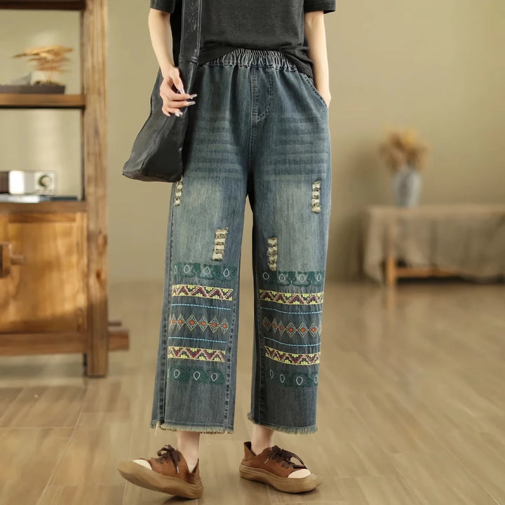 Boho Chic Vintage Embroidered Wide-Leg Jeans