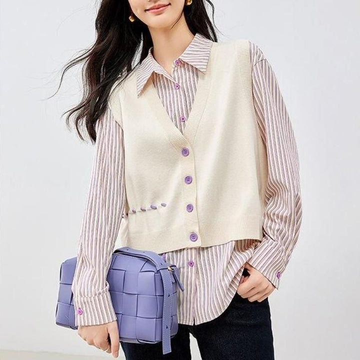 Autumn Long Sleeve Polo Neck Casual Stripe Blouse & Knitted Vest Set