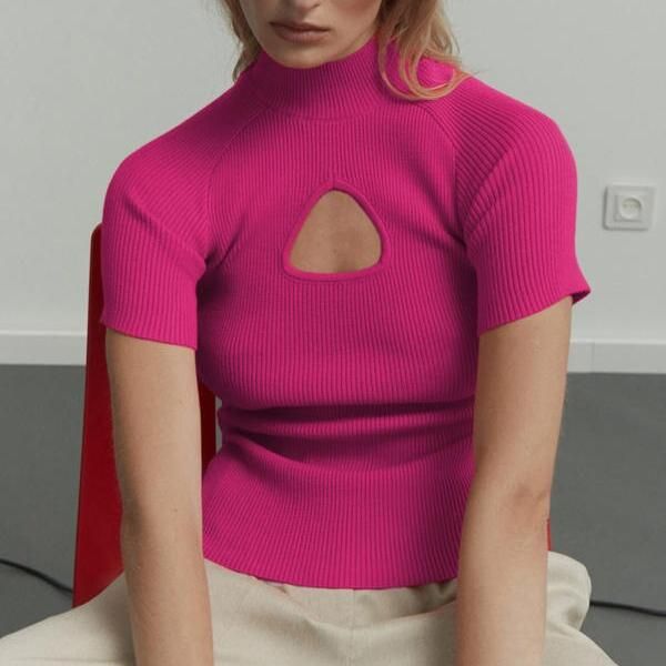 Women's Half High Collar Short Sleeve Knitted Pullover