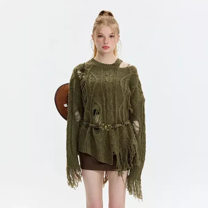Hollowed-Out Tassel Loose Fit Knit Sweater