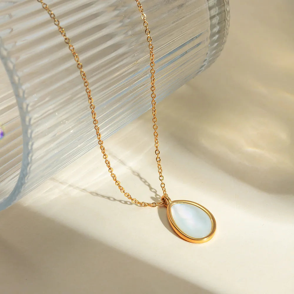 Luxury Opal Inlaid Stainless Steel Drop Pendant Necklace