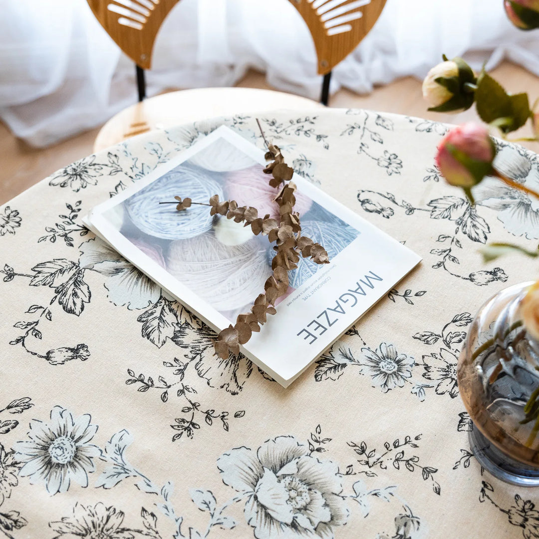 Peony Print Cotton Linen Tablecloth with Tassels for Elegant Home Décor