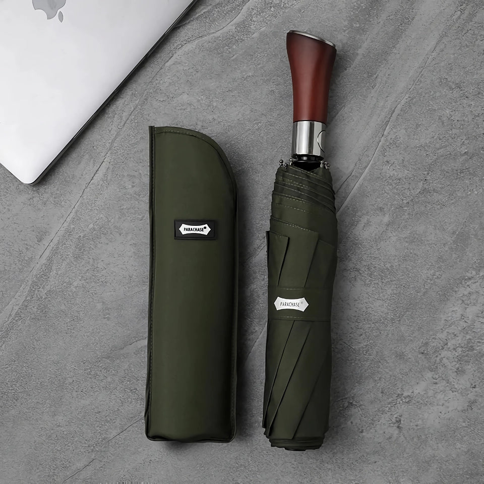 Automatic Windproof Men's Folding Umbrella with Wooden Handle