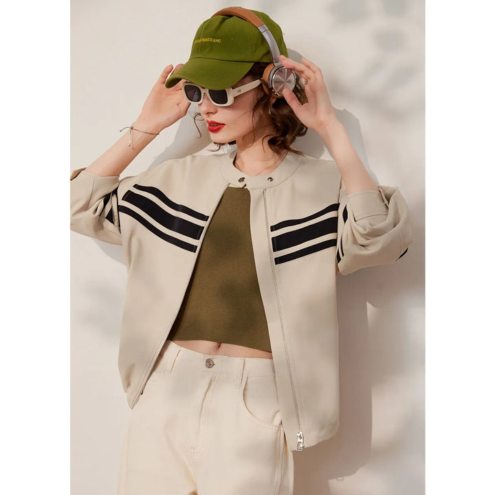 Spring Women's Loose Fit Striped Jacket with Contrast Colors