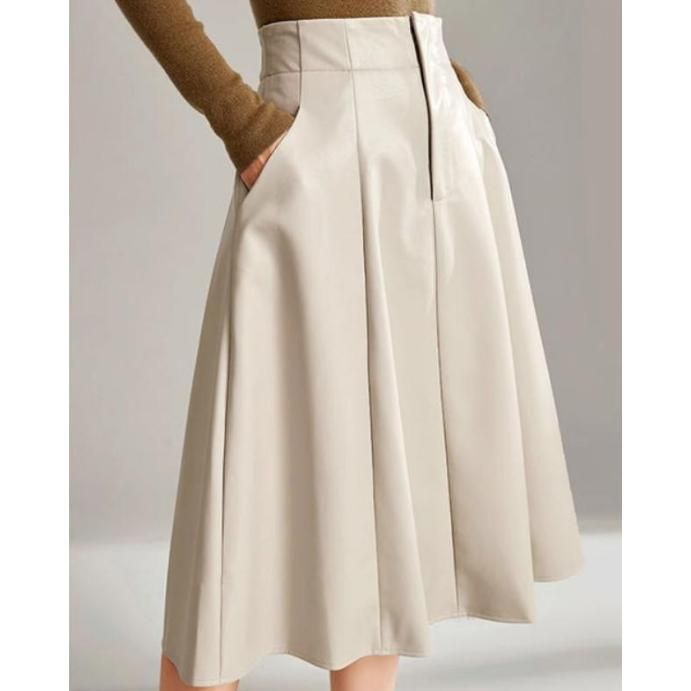 High Waist A-Line Knee-Length Black PU Leather Skirt