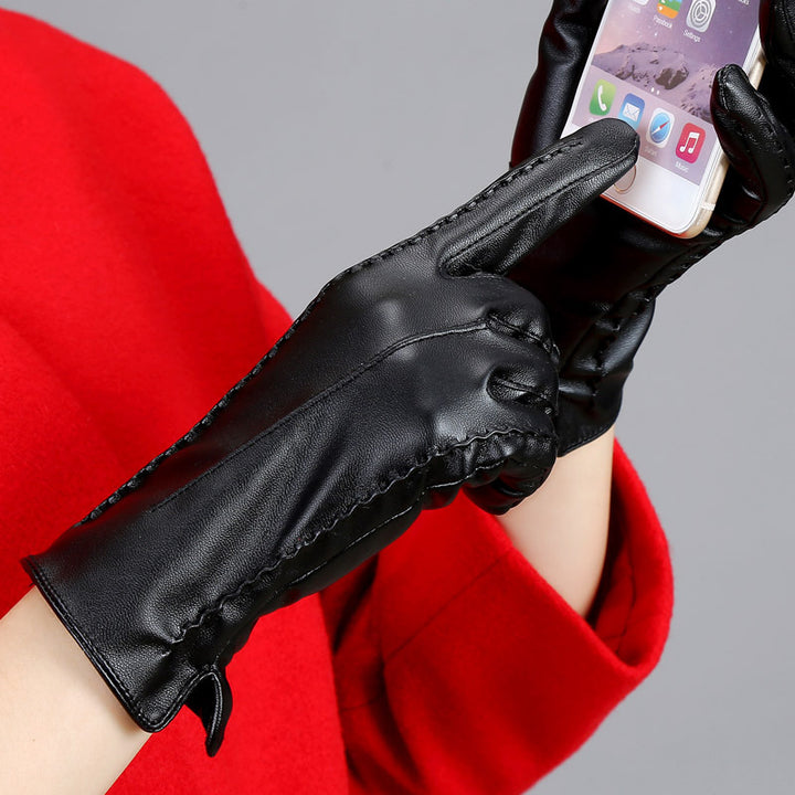 Autumn and winter leather gloves female touch screen