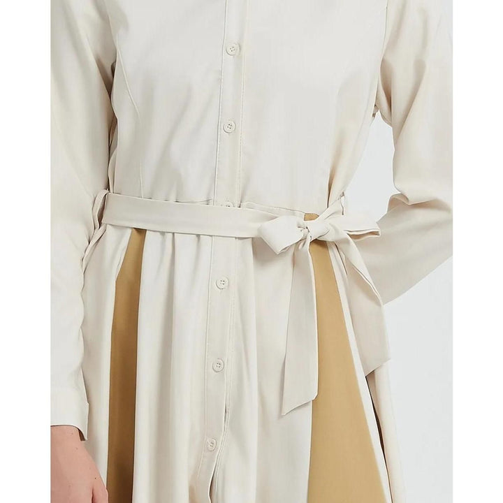 Elegant Beige A-line Long Sleeve Dress with Belt