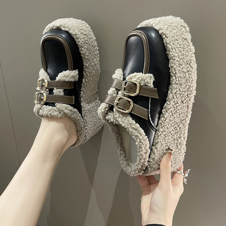 Fashion Korean Style Belt Buckle Outer Wear Fleece-lined Wedge Slippers