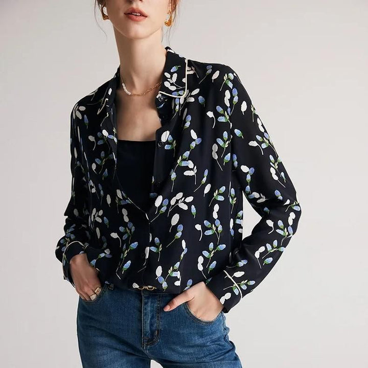 Chic Navy Floral Silk Blouse