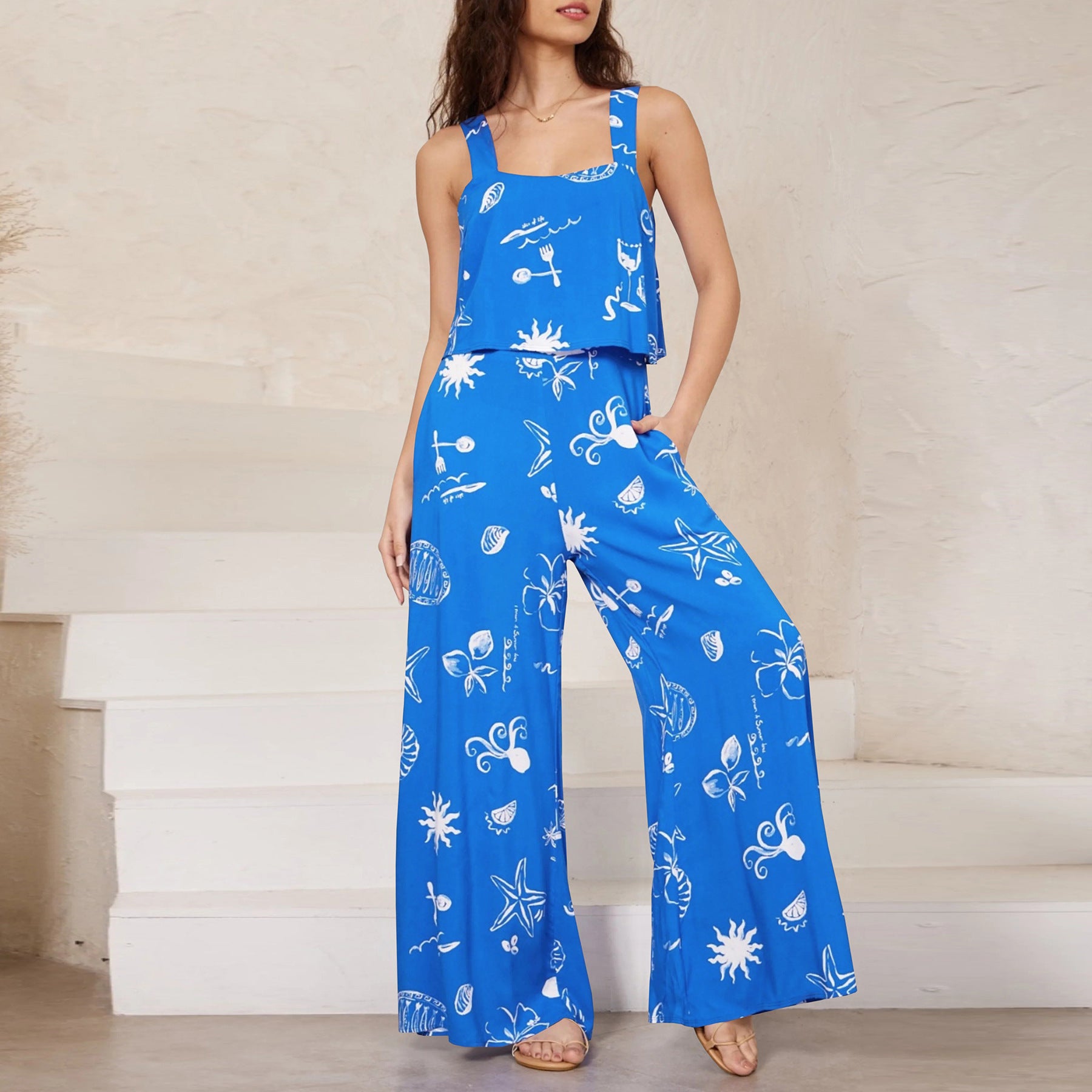 Chic Paisley Print Wide Leg Jumpsuit with Suspender Top Set - Women&