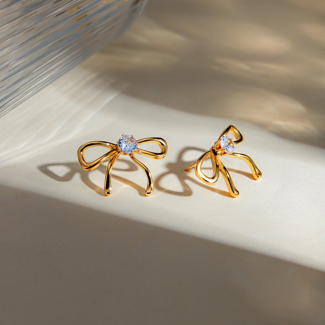 18K Gold Plated Bowknot Earrings with White Zircons