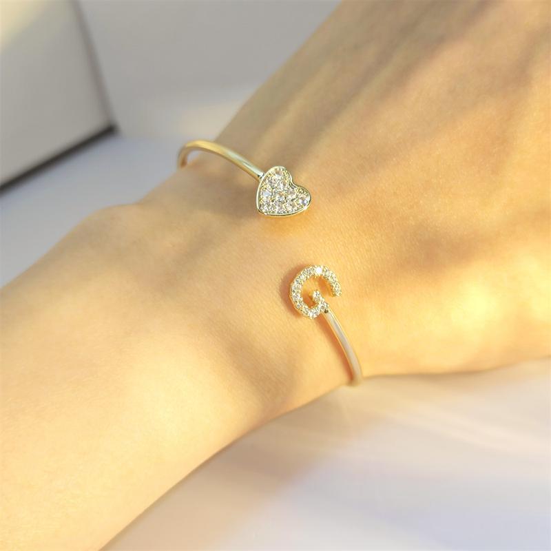 9mm Zircon Staggered Letter Charm Bracelet – Customizable Initial Cuff in Gold, Silver, or Rose Gold