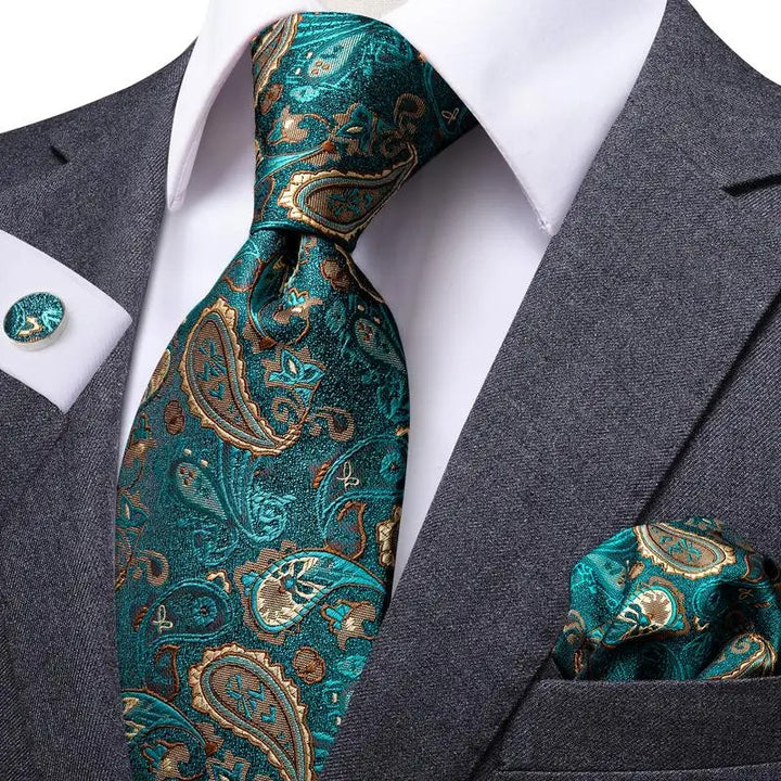 Luxury Paisley Silk Tie Set with Hanky and Cufflinks for Men