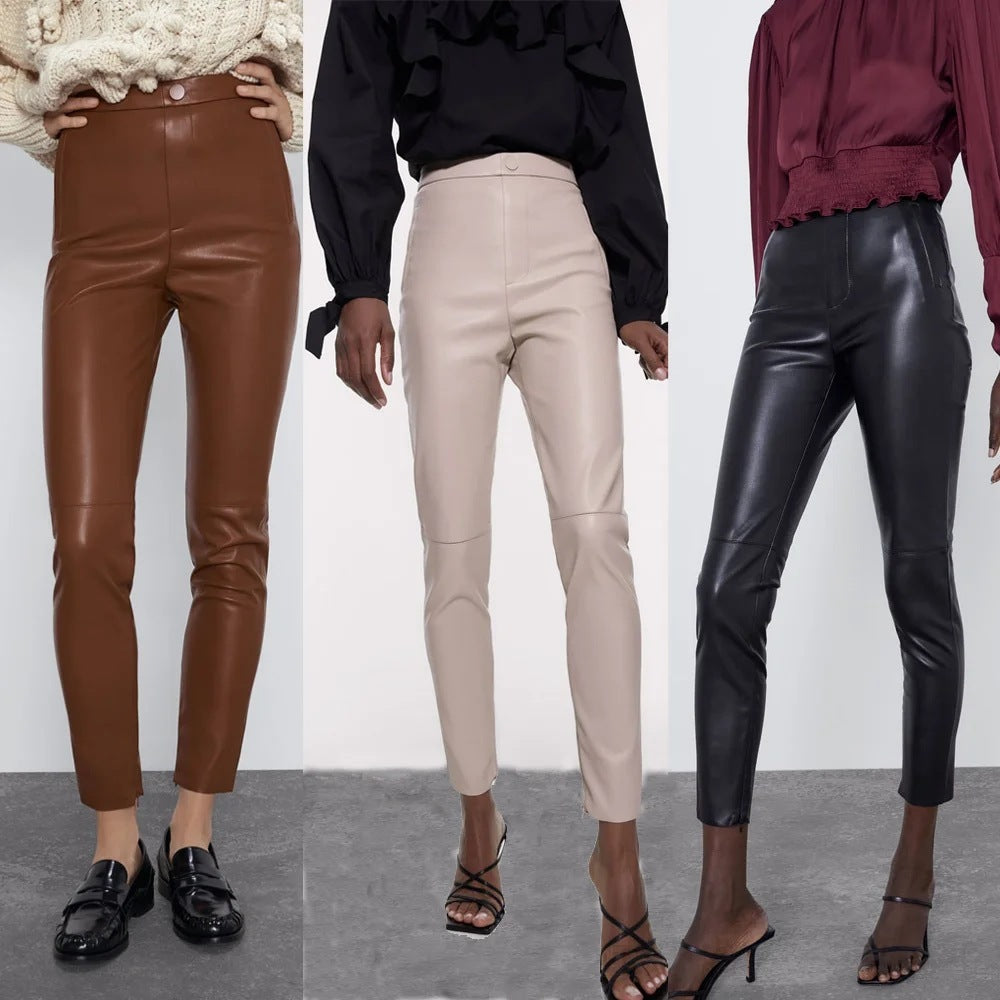 Women's split leg trousers all-match leather pants