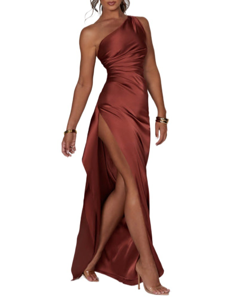 Satin Slant Shoulder Solid Color Backless Slim Fit Split Long Dress